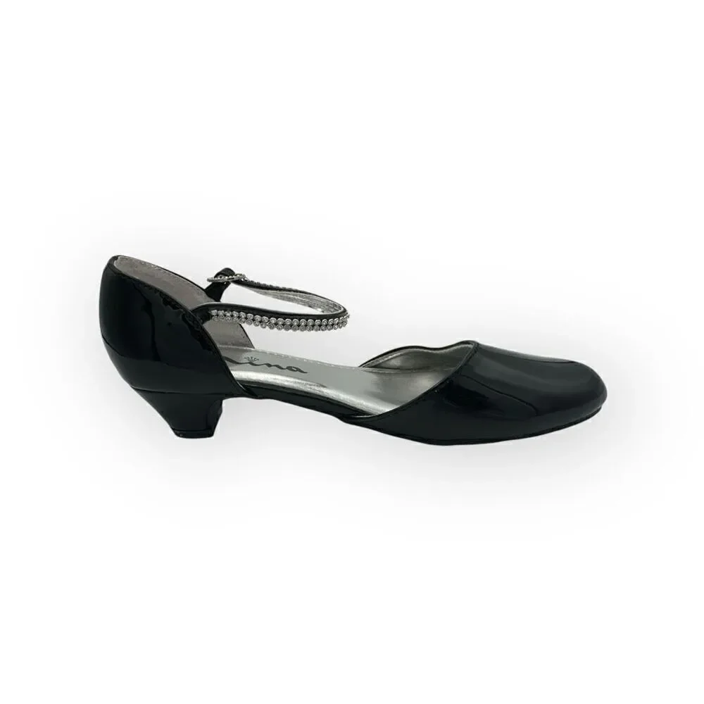 Nina Girls Cera Patent Leather Rhinestone Strap D'Orsay Heels Shoes Black Sz 3M